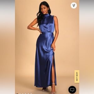 Lulu’s Blue Satin Sleeveless Mock Neck Maxi Dress